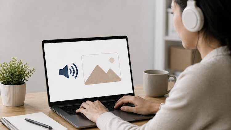 Una persona con audífonos revisa una imagen de una página web mientras el audio del lector de pantalla anuncia el contenido de la imagen