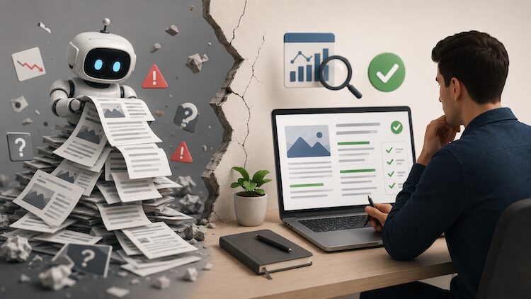 AI generates large amounts of content, but a human reviews and approves it to prevent SEO mistakes