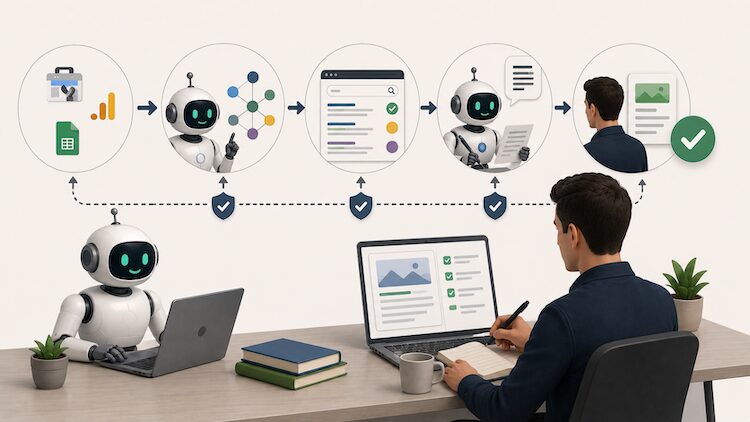 AI organizes data and drafts content, while a human reviews, edits, and approves before publishing
