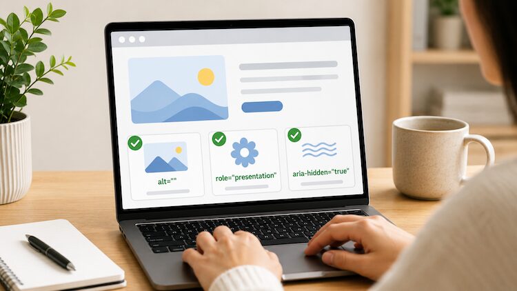 Una persona desarrolladora revisa imágenes de una página web marcadas como decorativas para que las tecnologías de asistencia puedan omitirlas