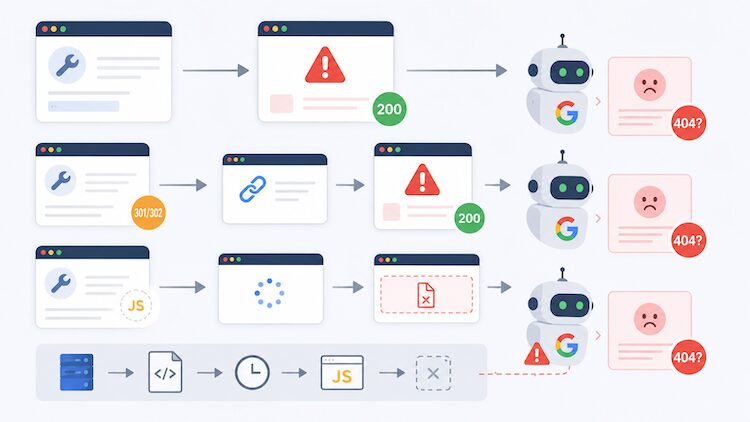Google encounters status code, redirect, or JavaScript issues and classifies pages as Soft 404s