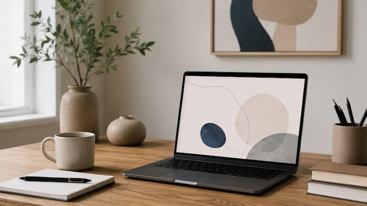 Minimal decorative graphics displayed on a laptop, showing visuals that add style but no content