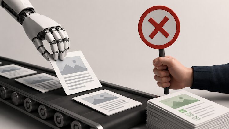 Robot-generated articles move down a production line while a human rejects them as not publication-ready