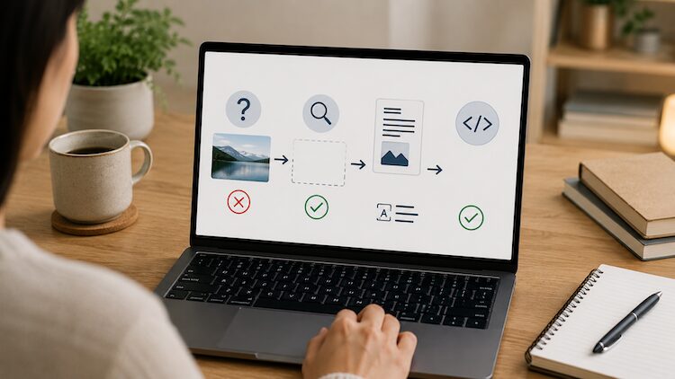 Una persona revisa las imágenes de una página web y sigue un flujo de trabajo para decidir si cada una necesita texto alternativo