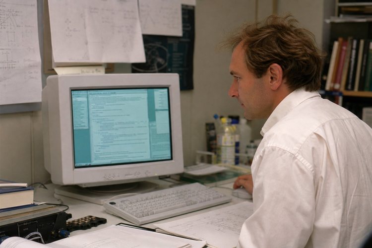 Científico en una estación de trabajo durante las primeras investigaciones sobre la Web