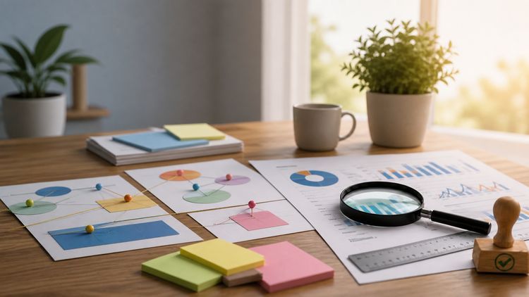 Magnifying glass over physical SEO research charts