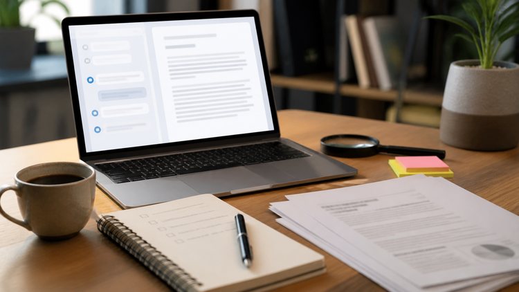 Editorial checklist displayed beside a laptop
