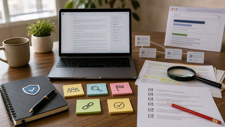 Portátil con listas de verificación, notas adhesivas y documentos de origen