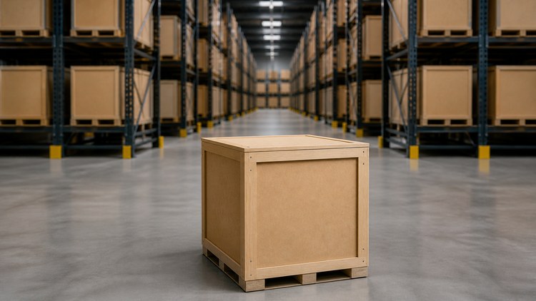 Una caja sin etiquetas frente a varias estanterías de archivo