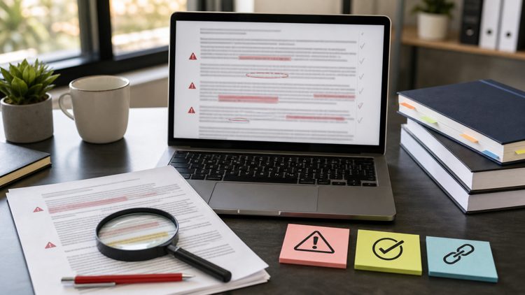 Documentos editoriales con marcadores de advertencia y portapapeles de revisión