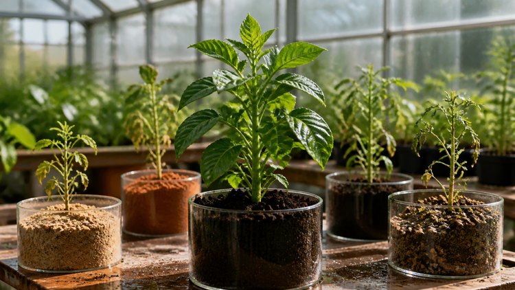 Plants growing from different soil samples in a greenhouse
