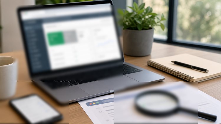 Laptop and magnifier reviewing page performance signals