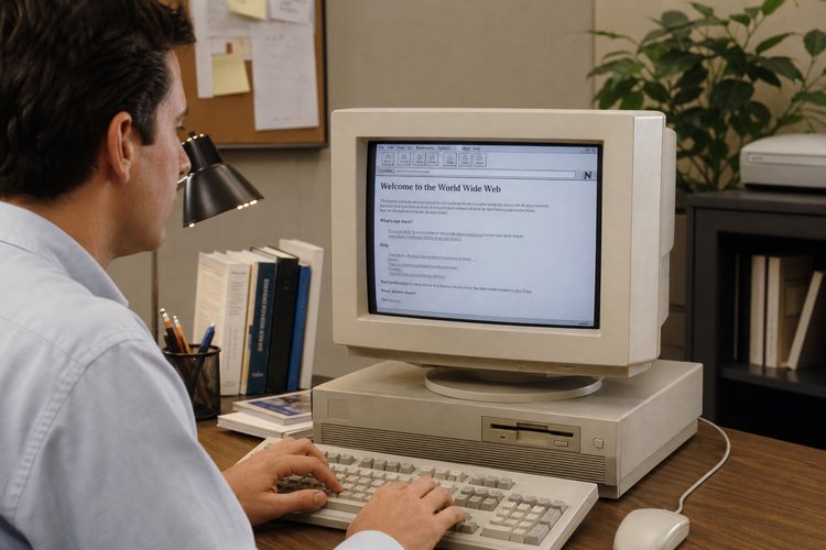Monitor CRT que muestra una página web de solo texto