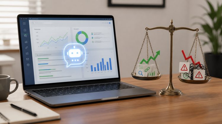 Laptop and scale representing AI SEO tradeoffs