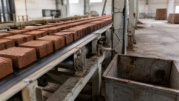 Clay blocks moving through an industrial production line