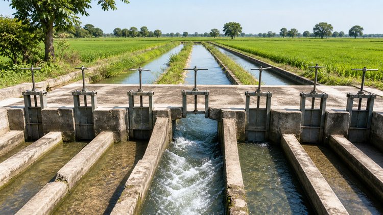 Irrigation gates controlling water across several channels