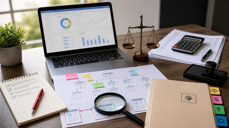 Escritorio con documentos de análisis, lupa y balanza