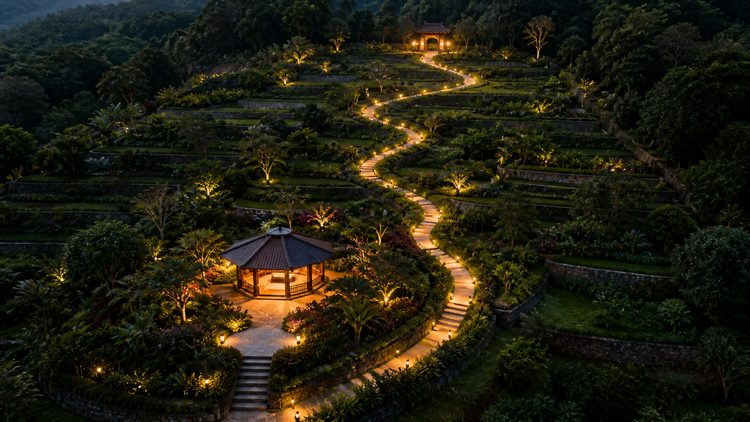 Illuminated path winding through terraced botanical gardens