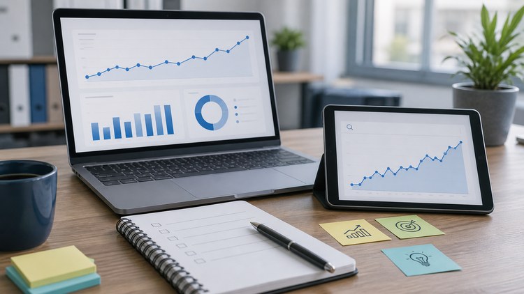 Analytics screens with notes and an open planning book