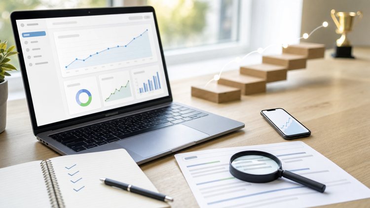Analytics dashboard rising toward a goal