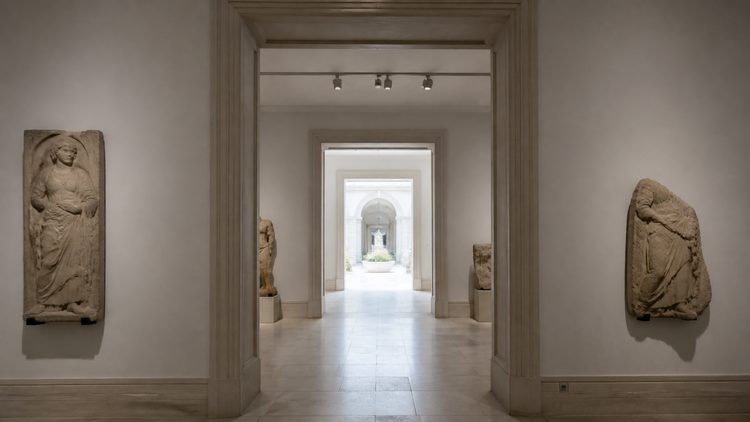 Open museum doorways leading toward a central atrium