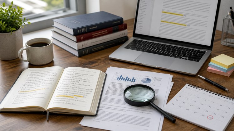 Research papers, notebook, and magnifying glass on a desk