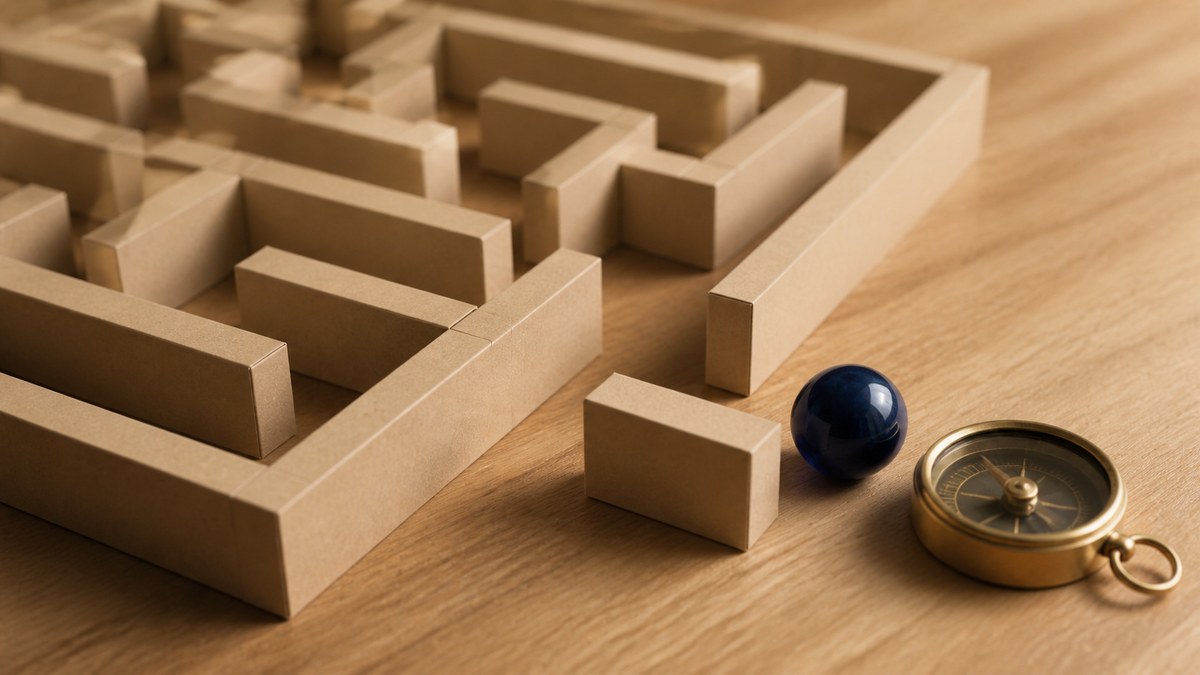 A distinct object exits a generic maze with clear direction