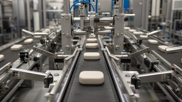 Una línea mecánica automatizada dirige objetos mediante compuertas controladas