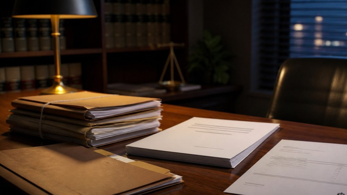 Expedientes permanecen en un escritorio jurídico fuera de horario, reflejando el riesgo de pago tardío al perito