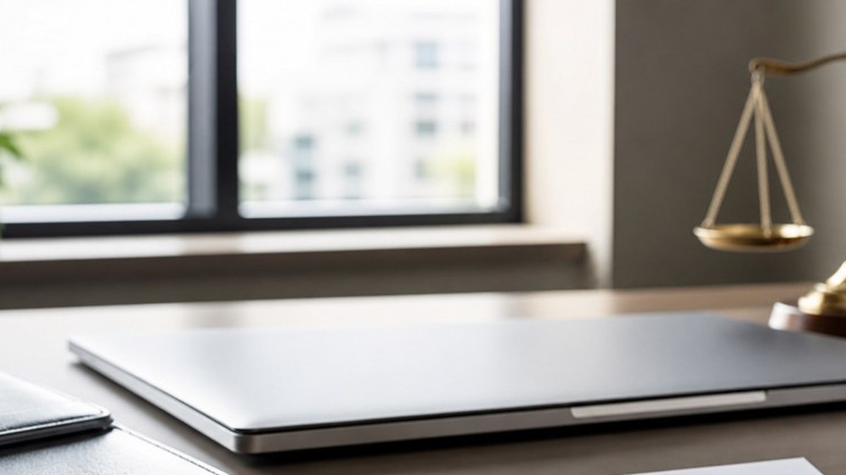 Closed laptop beside legal scales in a quiet law office