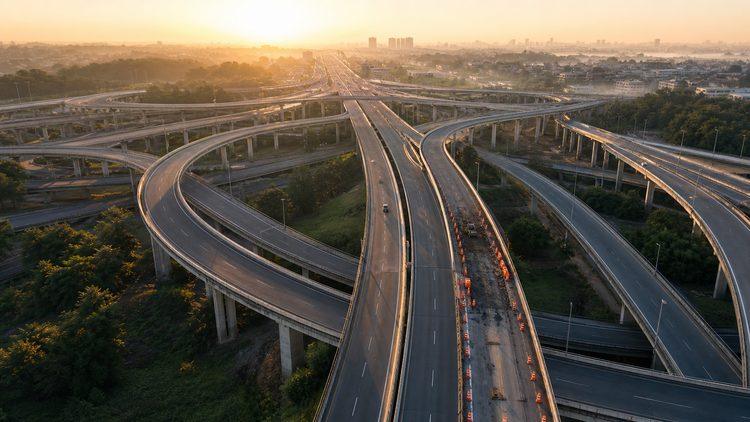 A multilayer highway interchange remains connected at sunrise