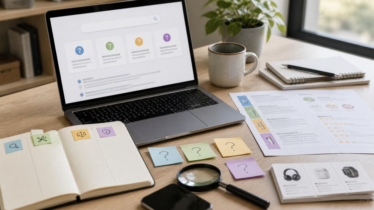 Laptop with question notes and research materials