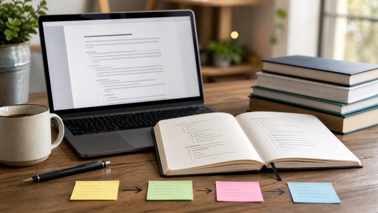 Content outline notebook and structured page draft