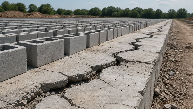 Filas de bloques de concreto sobre una base agrietada