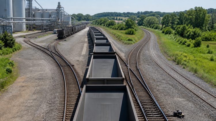Rail cars approaching branching tracks in a rural junction
