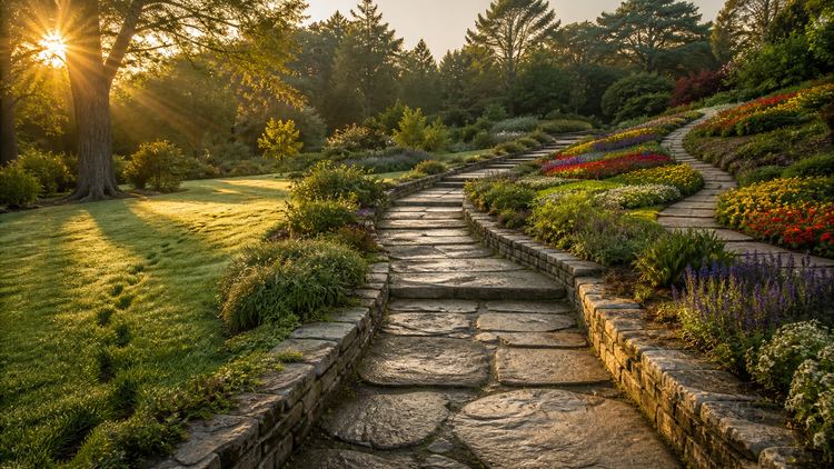 Sendero estable de piedra entre áreas de jardín