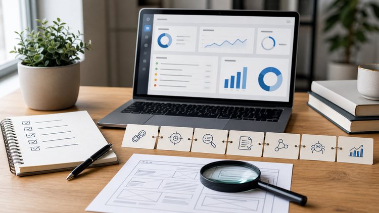 SEO audit checklist beside an analytics dashboard