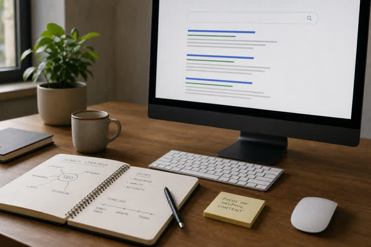 Notas de estrategia de SEO en un escritorio tranquilo