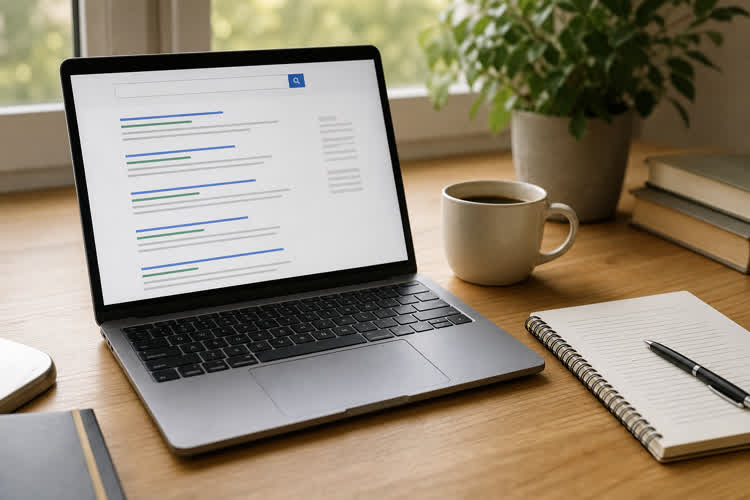 Modern SEO workspace with a search results screen