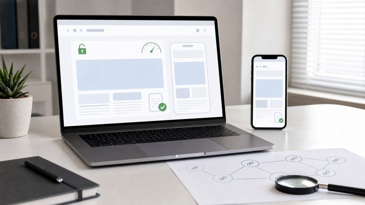 Laptop and phone beside a technical site map sketch