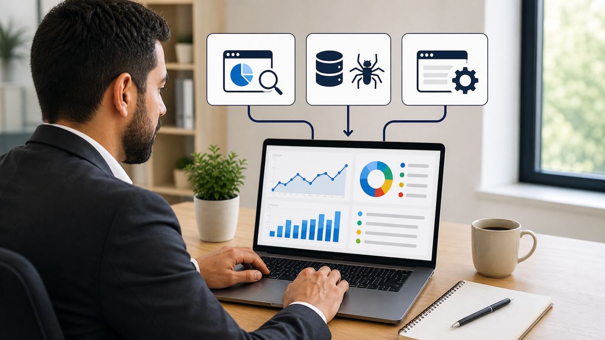 Ted Martinez compara fuentes de datos SEO en una laptop
