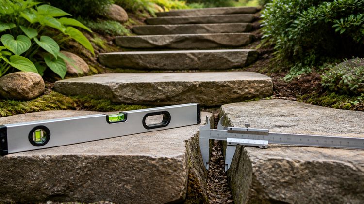 Level and calipers checking connected stone garden steps