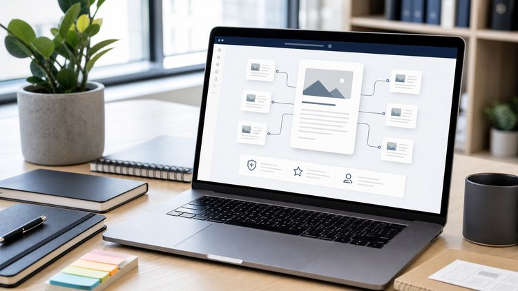 Laptop showing connected resource cards beside notebooks