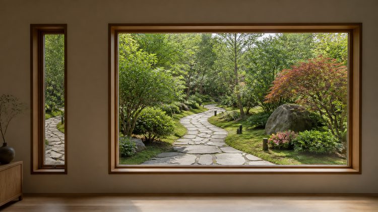 Narrow and wide windows overlooking the same garden path