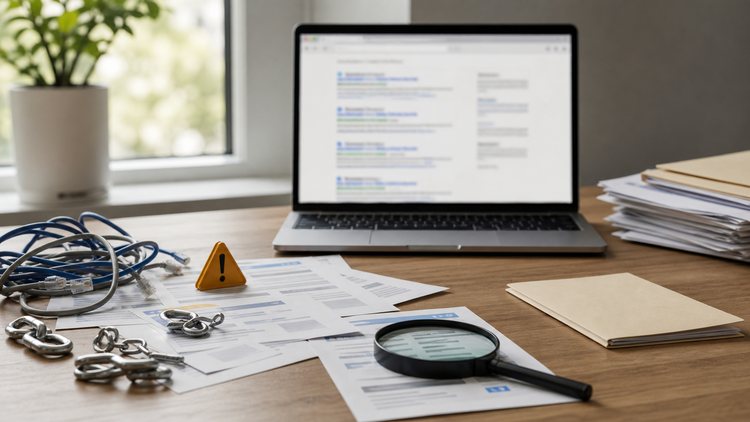 SEO audit desk with broken links and warning marker